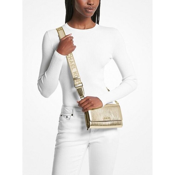 New Michael Kors Jet Set Item Large Wallet Crossbody Metallic Leather Pale Gold - Picture 4 of 4